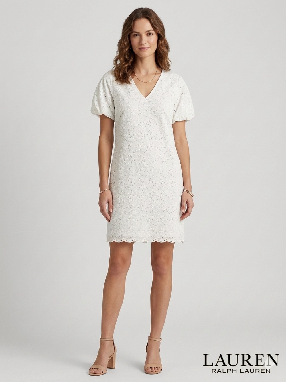 Lauren Ralph Lauren White Eyelet V-Neck Mini Shift Dress Size 6 NWT